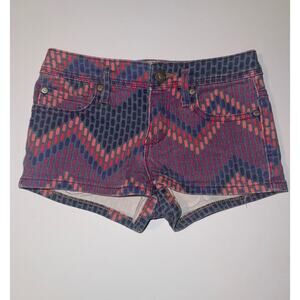 Roxy Girls Denim Shorts Size 7 Pink Blue Geometric Print Stretch Casual
